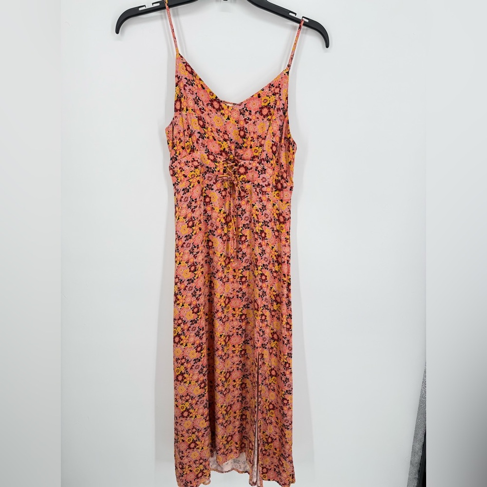 Rewind Women's Pink Multi‎ Floral Sundress Small Midi Spaghetti Strap Slit Front
